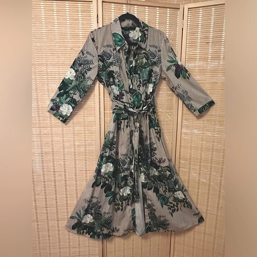 Shirtdress w/ crisp lines & floral purple, white & deep green & brown stripes. - Picture 1 of 5